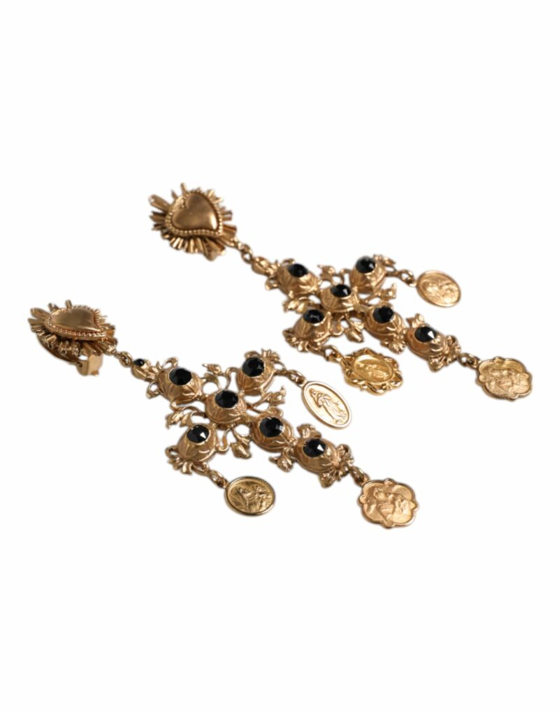 Dolce & Gabbana Gold Black Crystal Cross Sacred Heart Dangling Earrings - Image 3