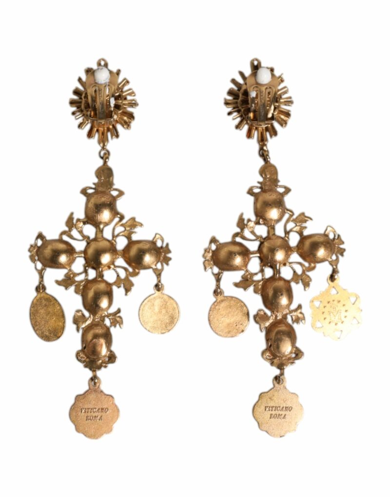 Dolce & Gabbana Gold Black Crystal Cross Sacred Heart Dangling Earrings - Image 4