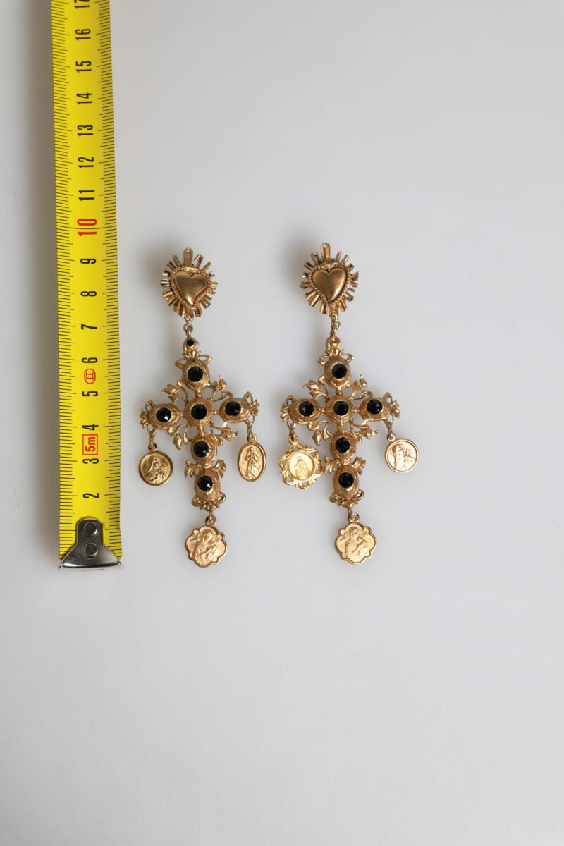 Dolce & Gabbana Gold Black Crystal Cross Sacred Heart Dangling Earrings - Image 5