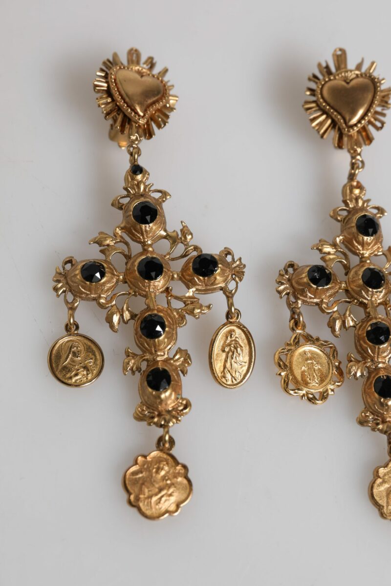 Dolce & Gabbana Gold Black Crystal Cross Sacred Heart Dangling Earrings - Image 6