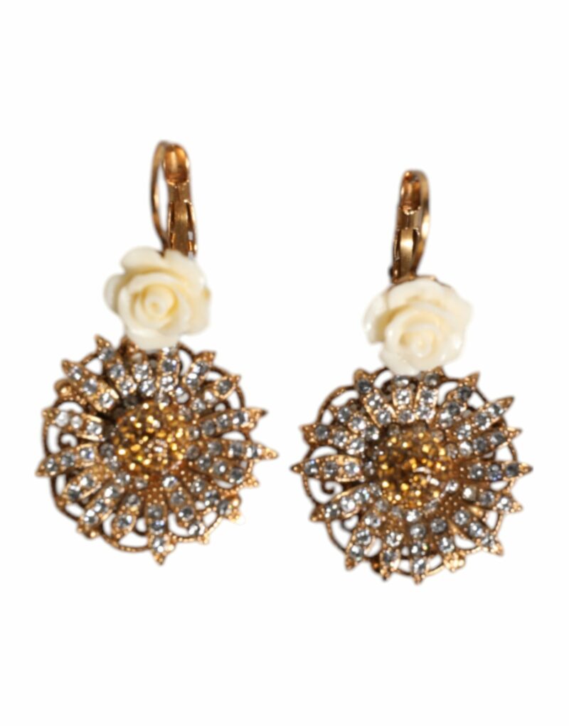 Dolce & Gabbana White Floral Clear Crystal Brass Dangling Jewelry Earrings - Image 2