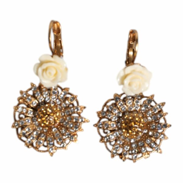 Dolce & Gabbana White Floral Clear Crystal Brass Dangling Jewelry Earrings