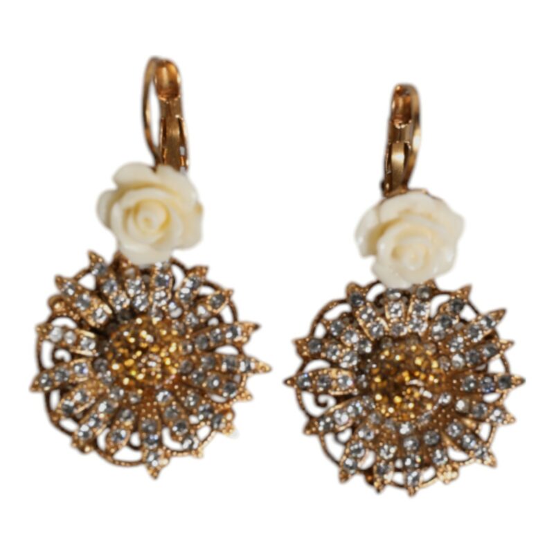 Dolce & Gabbana White Floral Clear Crystal Brass Dangling Jewelry Earrings - Image 3