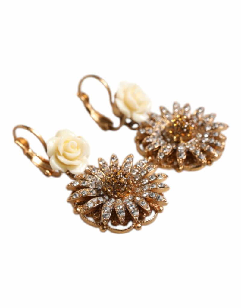 Dolce & Gabbana White Floral Clear Crystal Brass Dangling Jewelry Earrings - Image 4