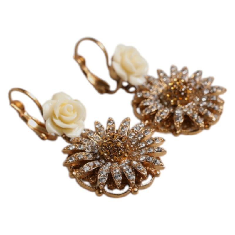 Dolce & Gabbana White Floral Clear Crystal Brass Dangling Jewelry Earrings - Image 5