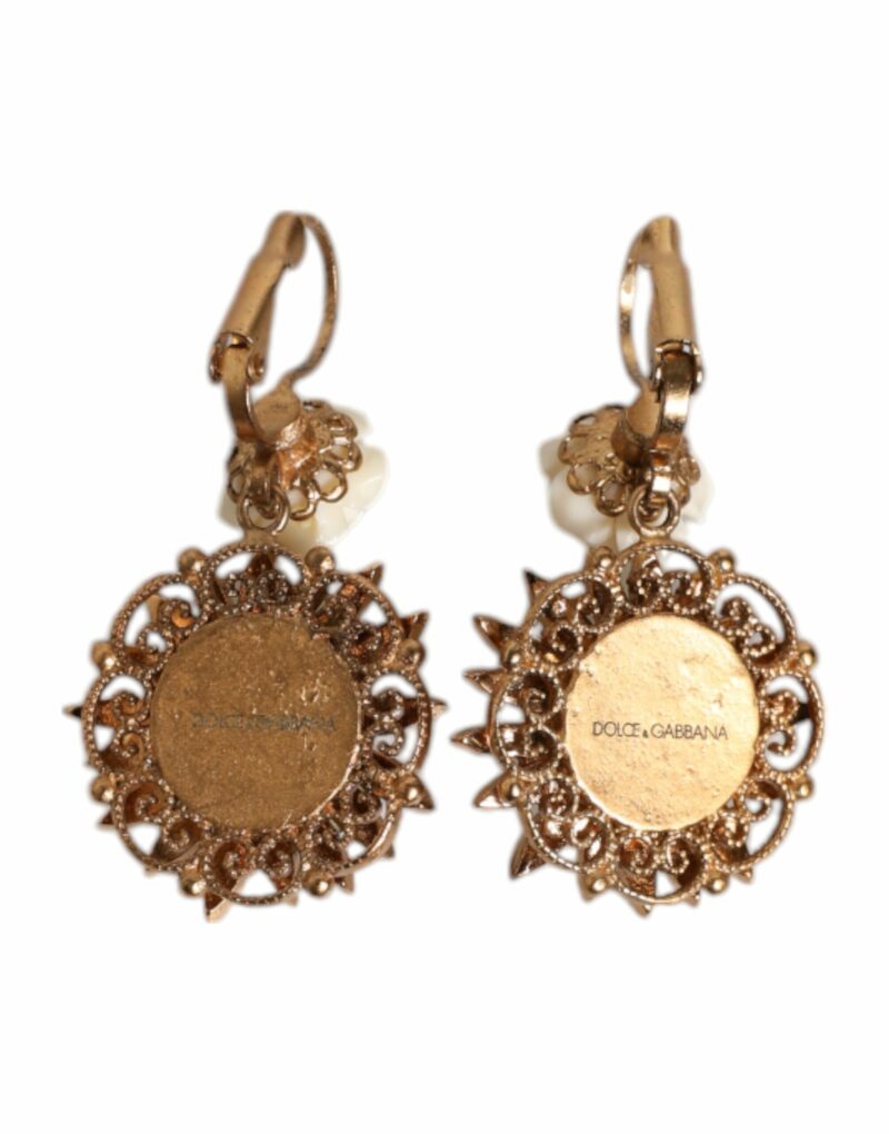 Dolce & Gabbana White Floral Clear Crystal Brass Dangling Jewelry Earrings - Image 6