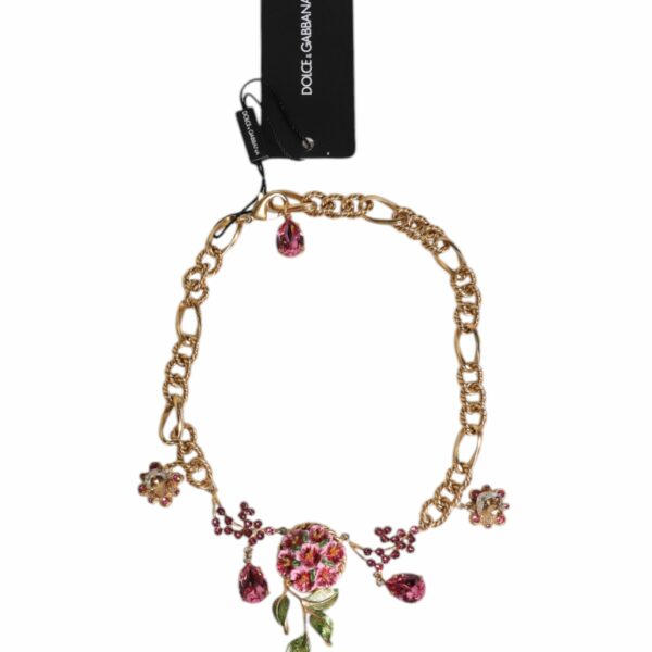 Dolce & Gabbana Multicolor Floral Decor Crystal Gold Brass Chain Necklace