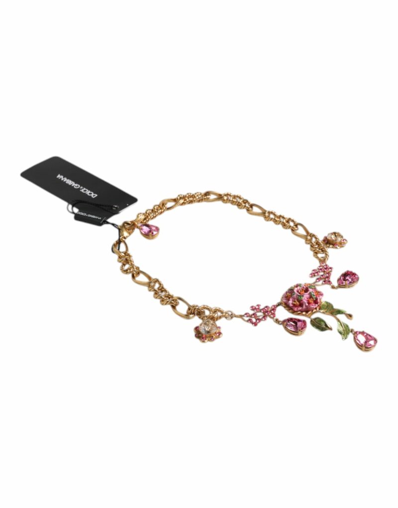 Dolce & Gabbana Multicolor Floral Decor Crystal Gold Brass Chain Necklace - Image 3