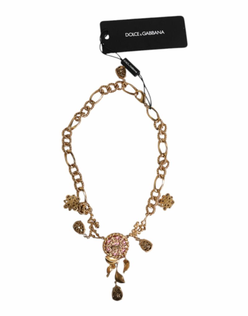 Dolce & Gabbana Multicolor Floral Decor Crystal Gold Brass Chain Necklace - Image 4