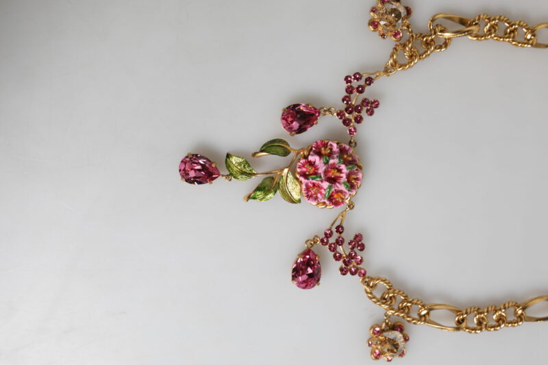 Dolce & Gabbana Multicolor Floral Decor Crystal Gold Brass Chain Necklace - Image 5