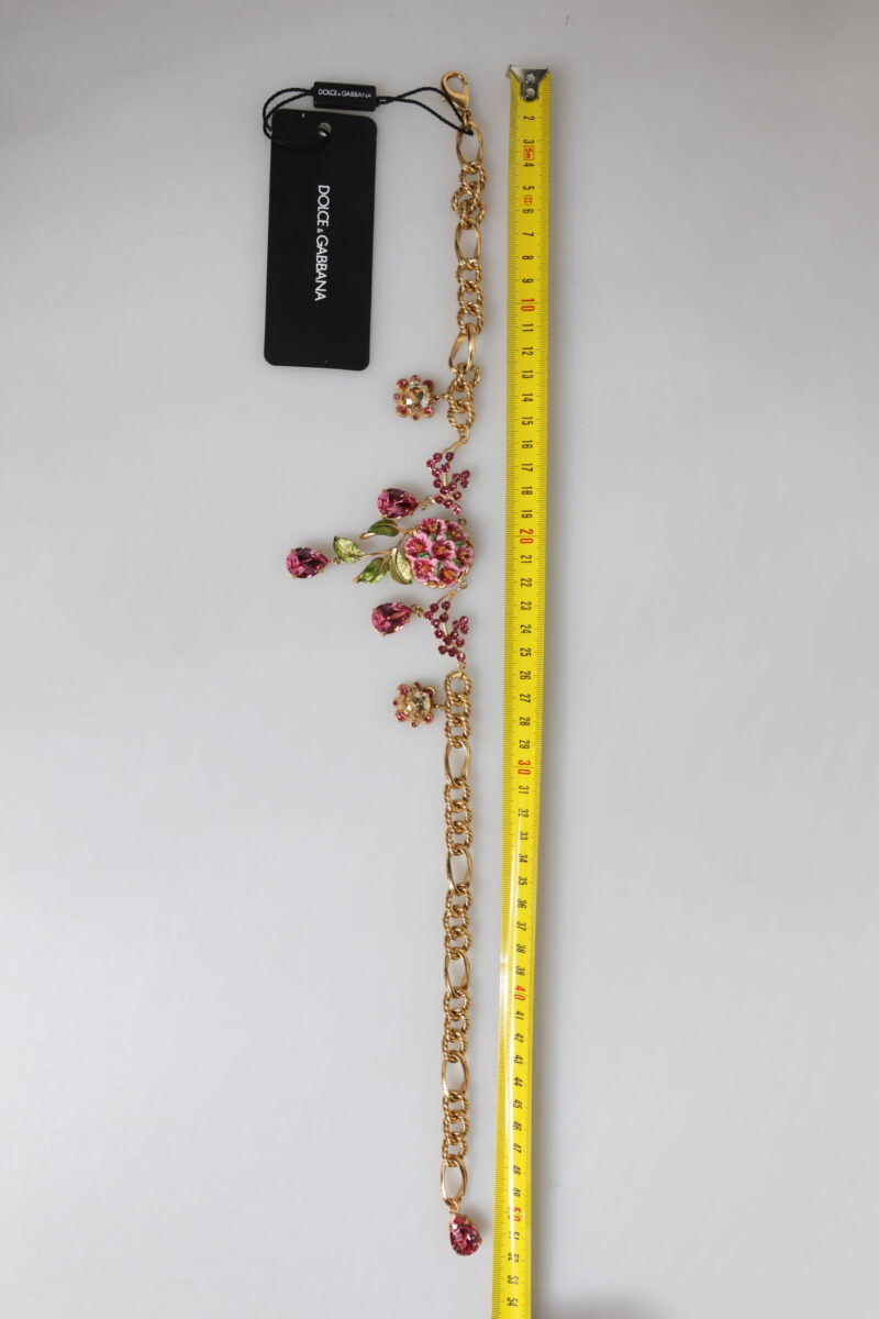 Dolce & Gabbana Multicolor Floral Decor Crystal Gold Brass Chain Necklace - Image 6