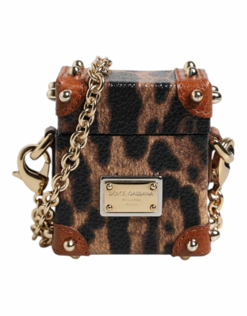 Dolce & Gabbana Brown Leopard Metal Logo Plaque Gold Chain Airpods Case