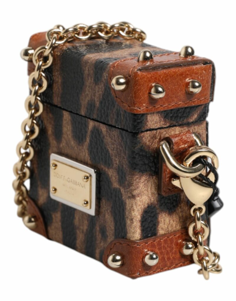 Dolce & Gabbana Brown Leopard Metal Logo Plaque Gold Chain Airpods Case - Image 3
