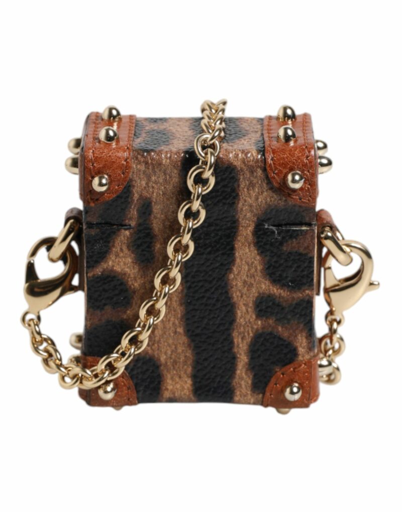 Dolce & Gabbana Brown Leopard Metal Logo Plaque Gold Chain Airpods Case - Image 4