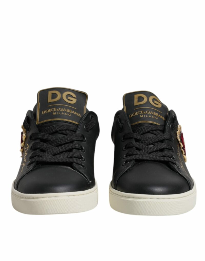 Dolce & Gabbana Black Leather Gold Red Heart Sneakers Shoes - Image 2