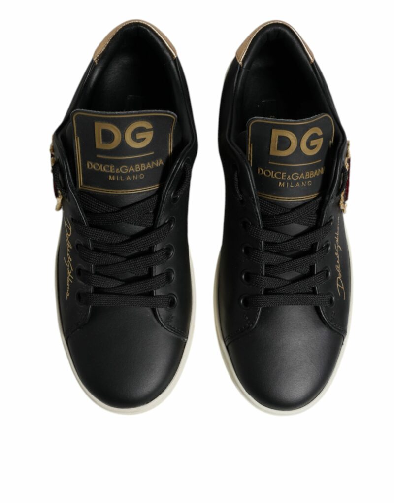 Dolce & Gabbana Black Leather Gold Red Heart Sneakers Shoes - Image 3