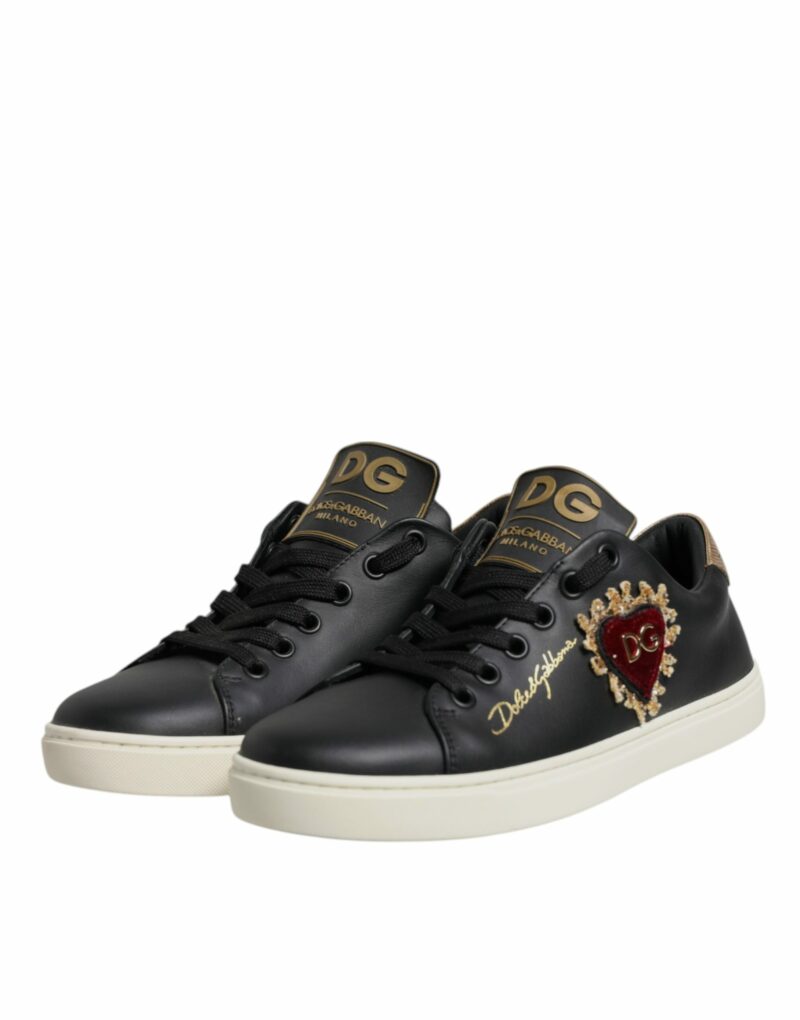 Dolce & Gabbana Black Leather Gold Red Heart Sneakers Shoes - Image 4