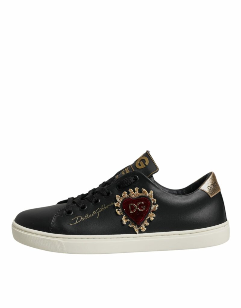 Dolce & Gabbana Black Leather Gold Red Heart Sneakers Shoes - Image 6