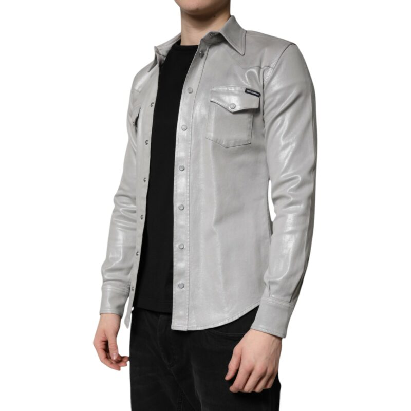 Dolce & Gabbana Metallic Gray Cotton Button Down Shirt - Image 3