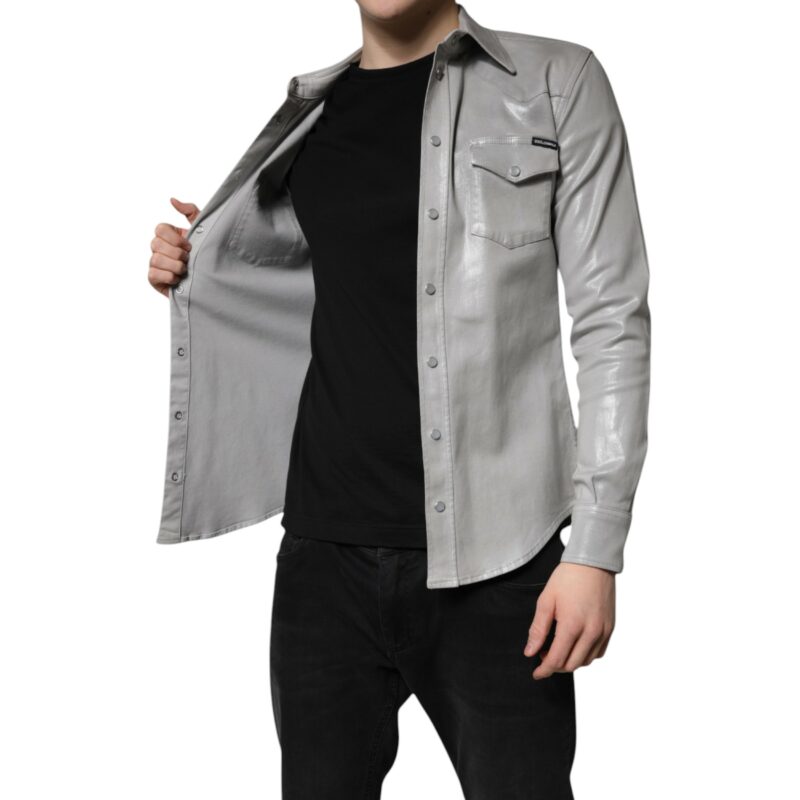 Dolce & Gabbana Metallic Gray Cotton Button Down Shirt - Image 6