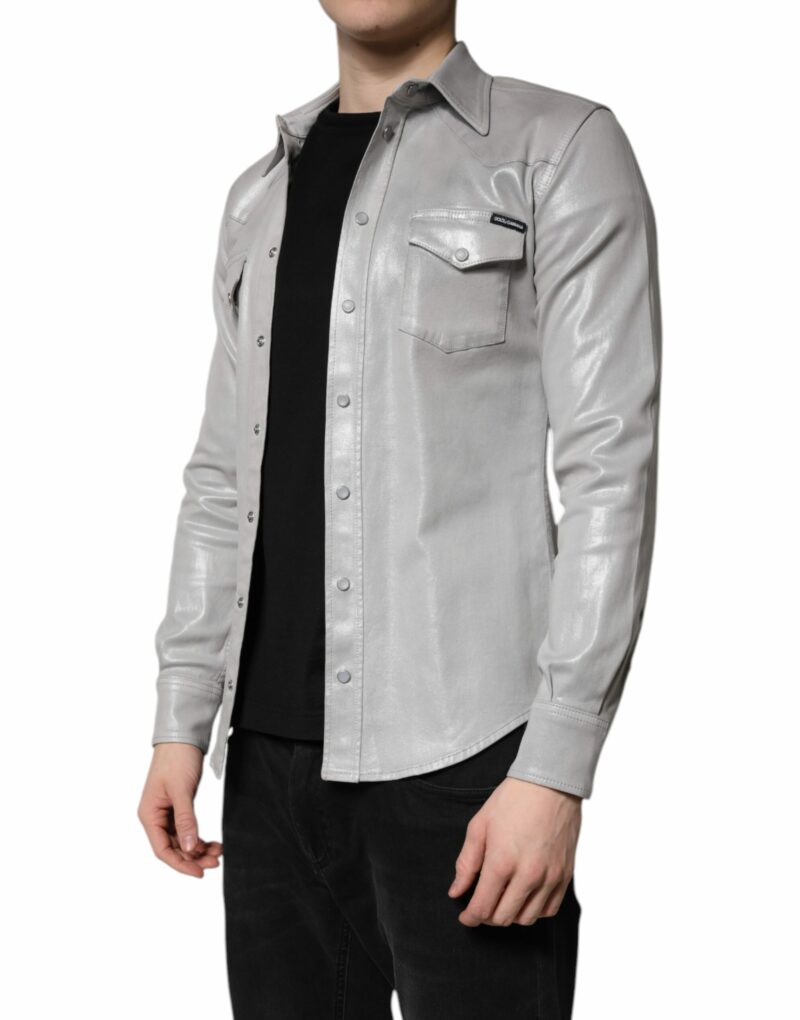 Dolce & Gabbana Metallic Gray Cotton Button Down Shirt - Image 3