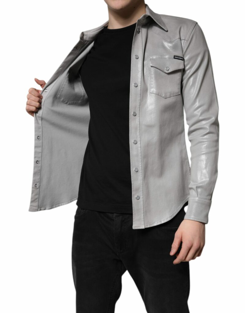 Dolce & Gabbana Metallic Gray Cotton Button Down Shirt - Image 6