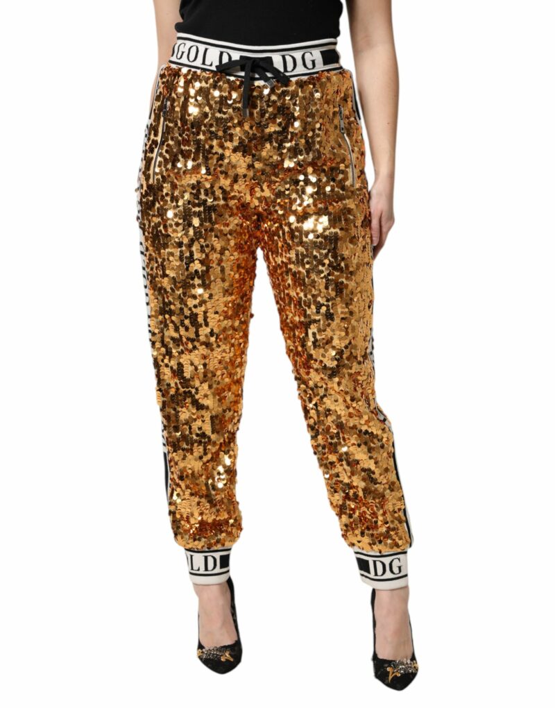 Dolce & Gabbana Metallic Gold DG Logo Sequined Jogger Pants - Image 2