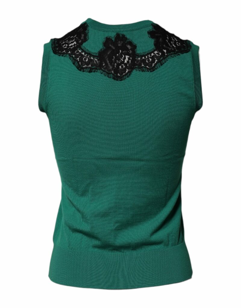 Dolce & Gabbana Green Wool Lace Detail Sleeveless Tank Top - Image 4