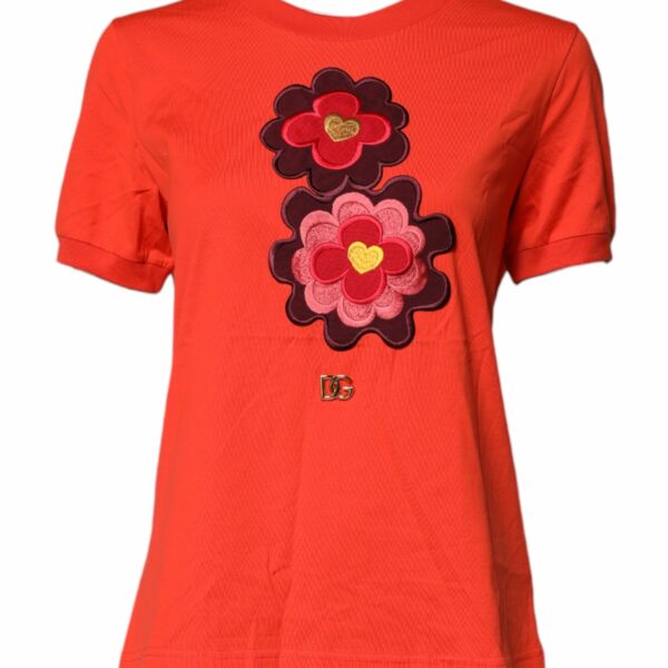 Dolce & Gabbana Red Floral Embroidery Cotton Crew Neck T-shirt