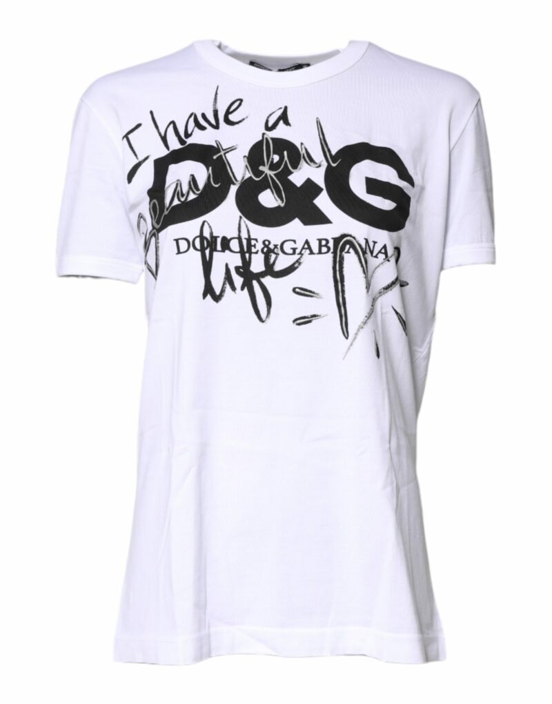 Dolce & Gabbana White Printed Round Neck Top Cotton T-shirt - Image 2