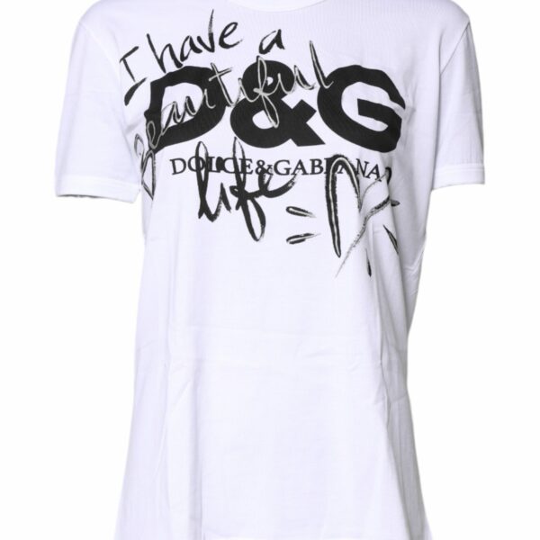 Dolce & Gabbana White Printed Round Neck Top Cotton T-shirt