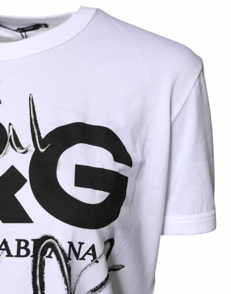 Dolce & Gabbana White Printed Round Neck Top Cotton T-shirt - Image 3
