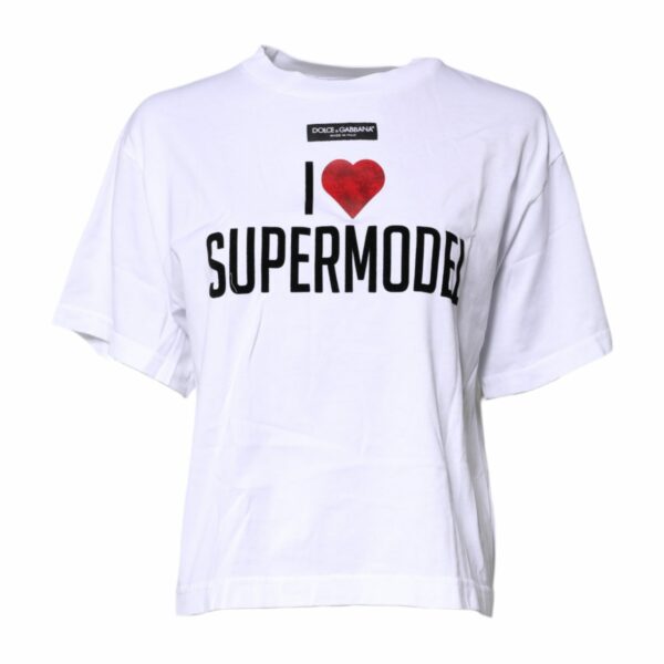 Dolce & Gabbana White Printed Round Neck Top Cotton T-shirt