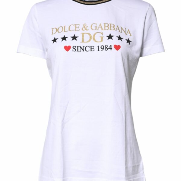 Dolce & Gabbana White Printed Round Neck Top Cotton T-shirt