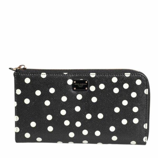 Dolce & Gabbana Black White Dotted Leather Zip Around Continental Wallet