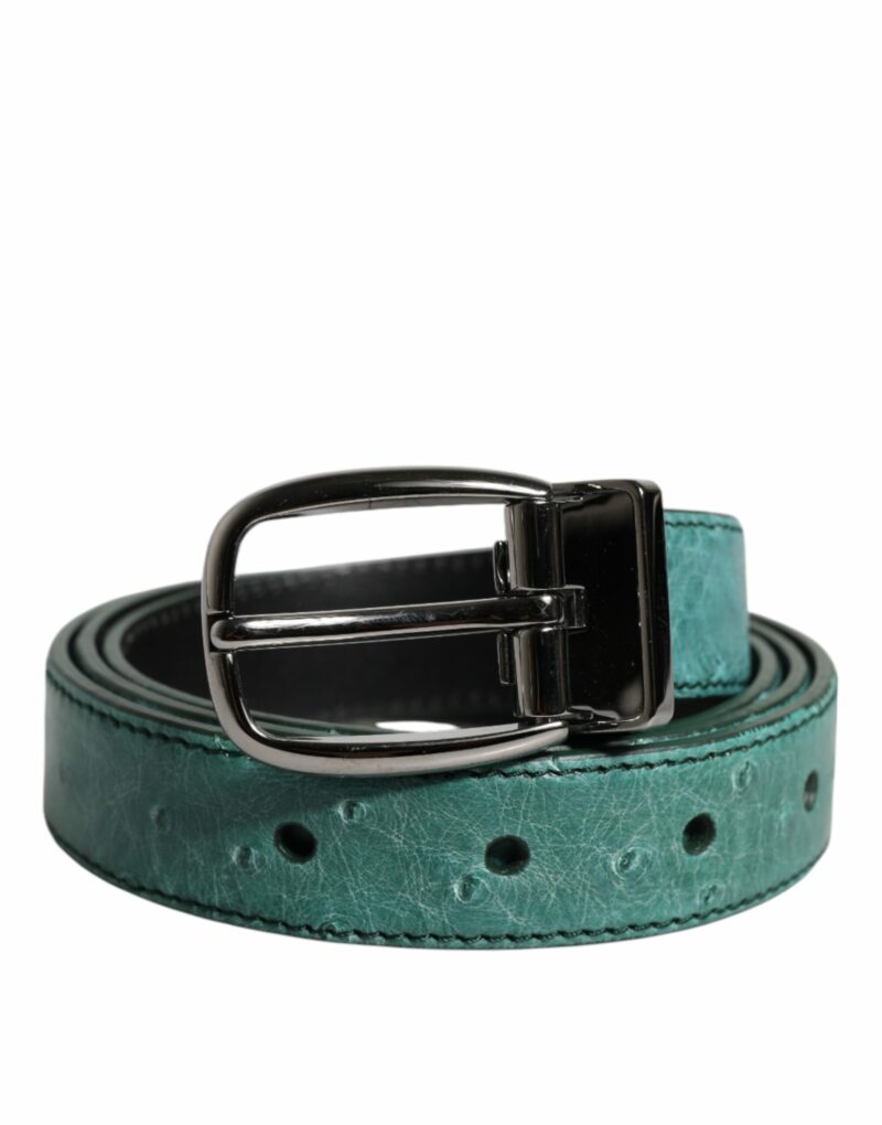 Dolce & Gabbana Green Ostrich Leather Silver Metal Buckle Belt - Image 2