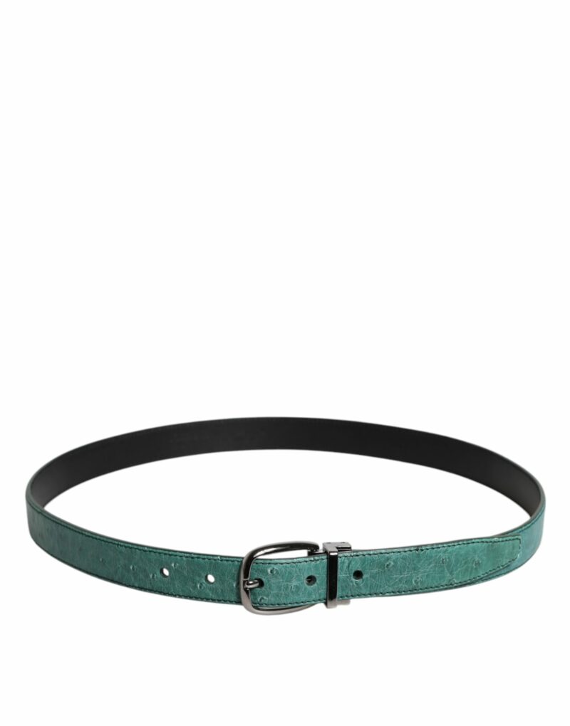 Dolce & Gabbana Green Ostrich Leather Silver Metal Buckle Belt - Image 3