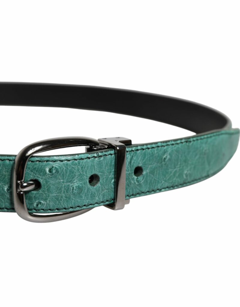 Dolce & Gabbana Green Ostrich Leather Silver Metal Buckle Belt - Image 4