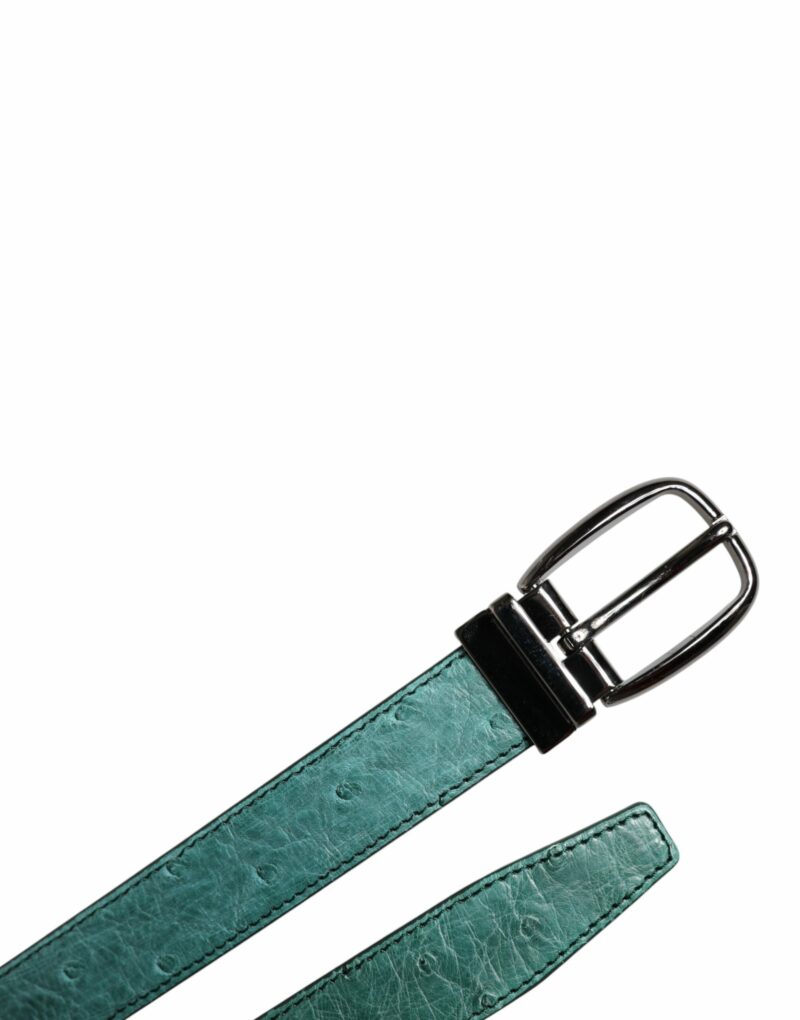 Dolce & Gabbana Green Ostrich Leather Silver Metal Buckle Belt - Image 6