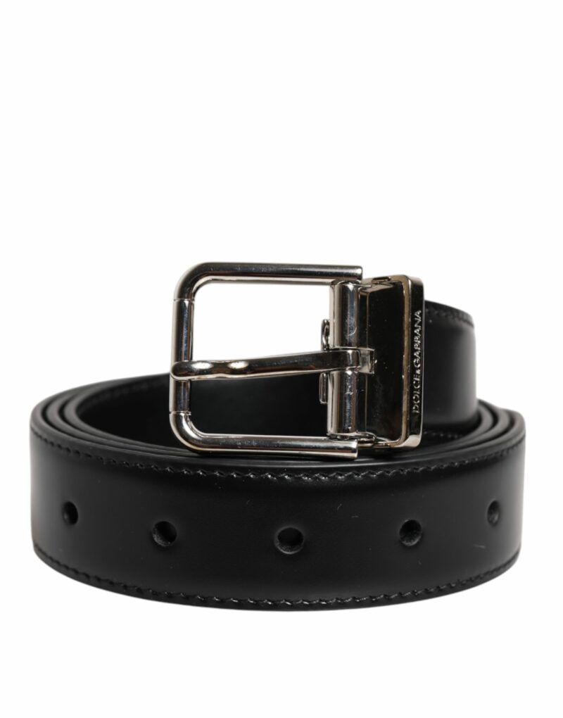 Dolce & Gabbana Black Calf Leather Silver Metal Buckle Belt - Image 2