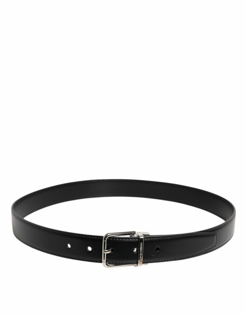 Dolce & Gabbana Black Calf Leather Silver Metal Buckle Belt - Image 3