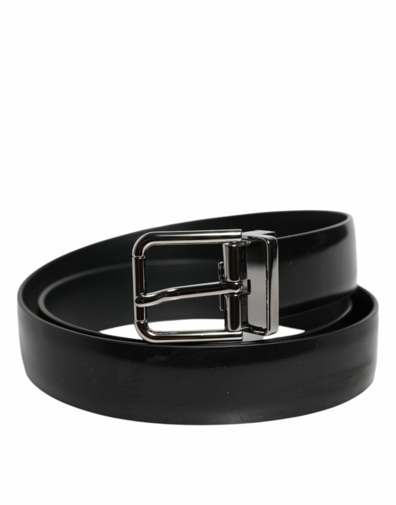Dolce & Gabbana Black Shiny Leather Silver Metal Buckle Belt - Image 3