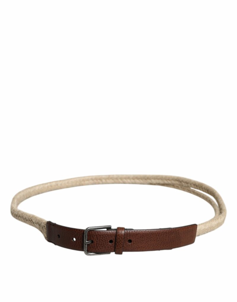 Dolce & Gabbana Brown Jute Leather Woven Metal Buckle Belt - Image 3