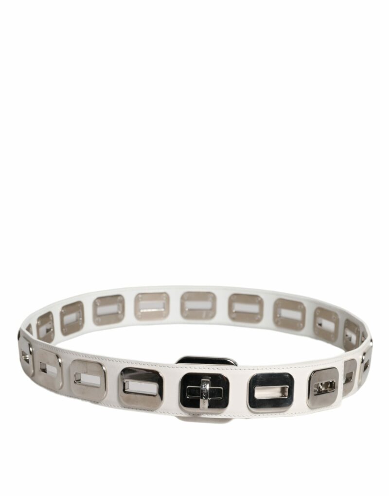 Dolce & Gabbana White Leather Gold Tone Rotating Buckle Belt - Image 3