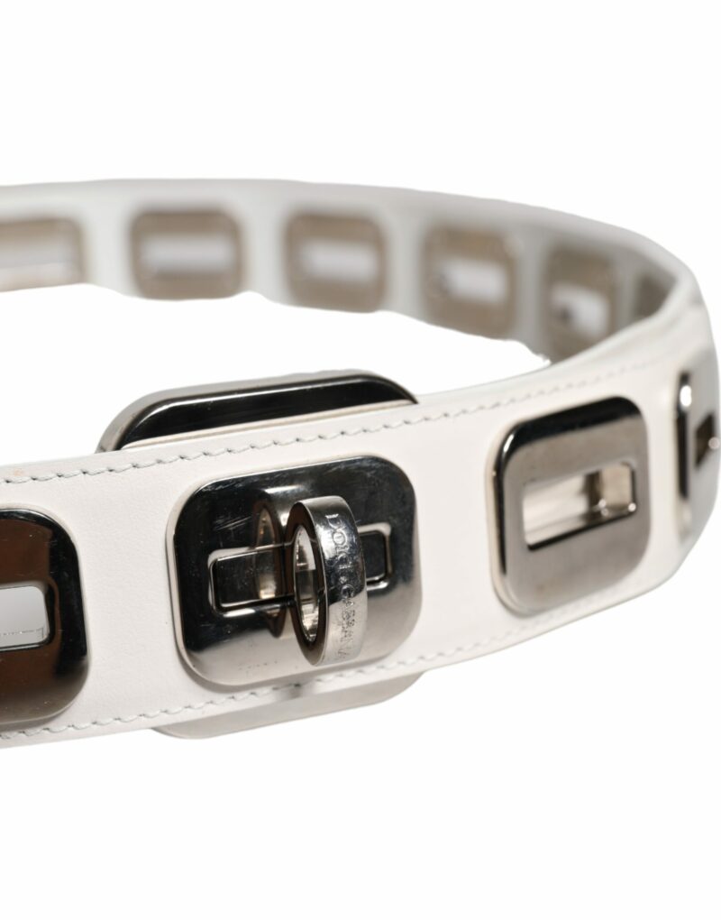Dolce & Gabbana White Leather Gold Tone Rotating Buckle Belt - Image 4