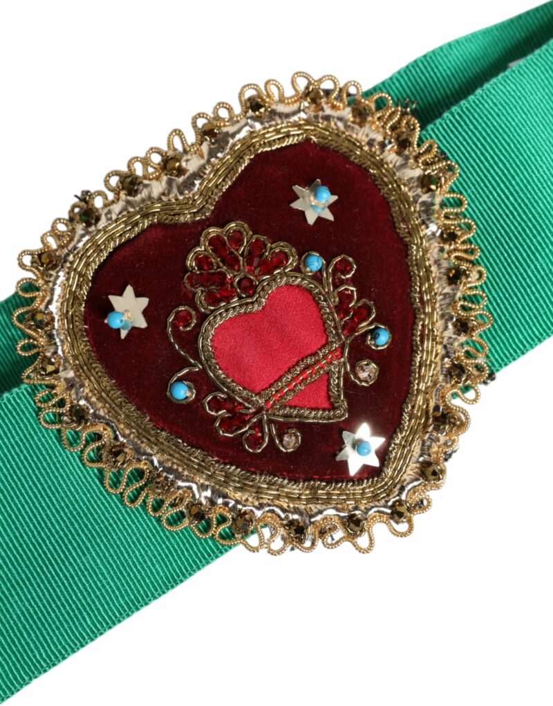 Dolce & Gabbana Green Stretch Wide Waist Heart Embellished Belt - Image 2