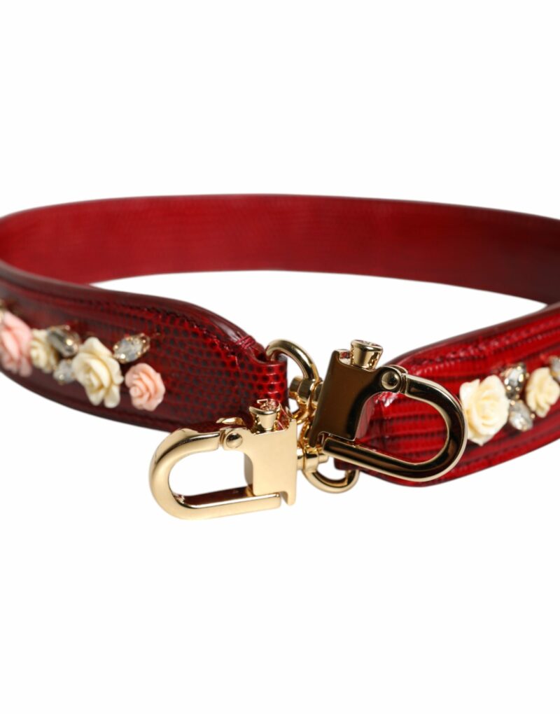 Dolce & Gabbana Red Leather Floral Embellish Bag Shoulder Strap - Image 3