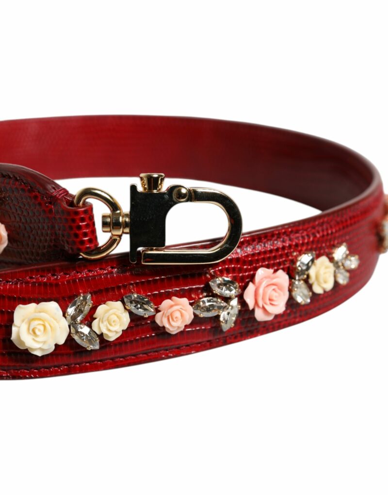 Dolce & Gabbana Red Leather Floral Embellish Bag Shoulder Strap - Image 4