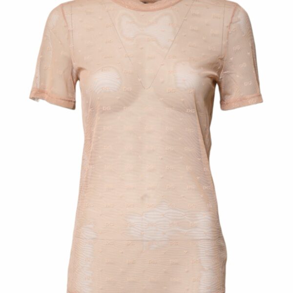 Dolce & Gabbana Beige Nylon Sheer Logo Monogram Crew Neck Top