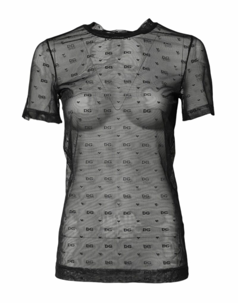 Dolce & Gabbana Black Nylon Sheer Logo Monogram Crew Neck Top - Image 2